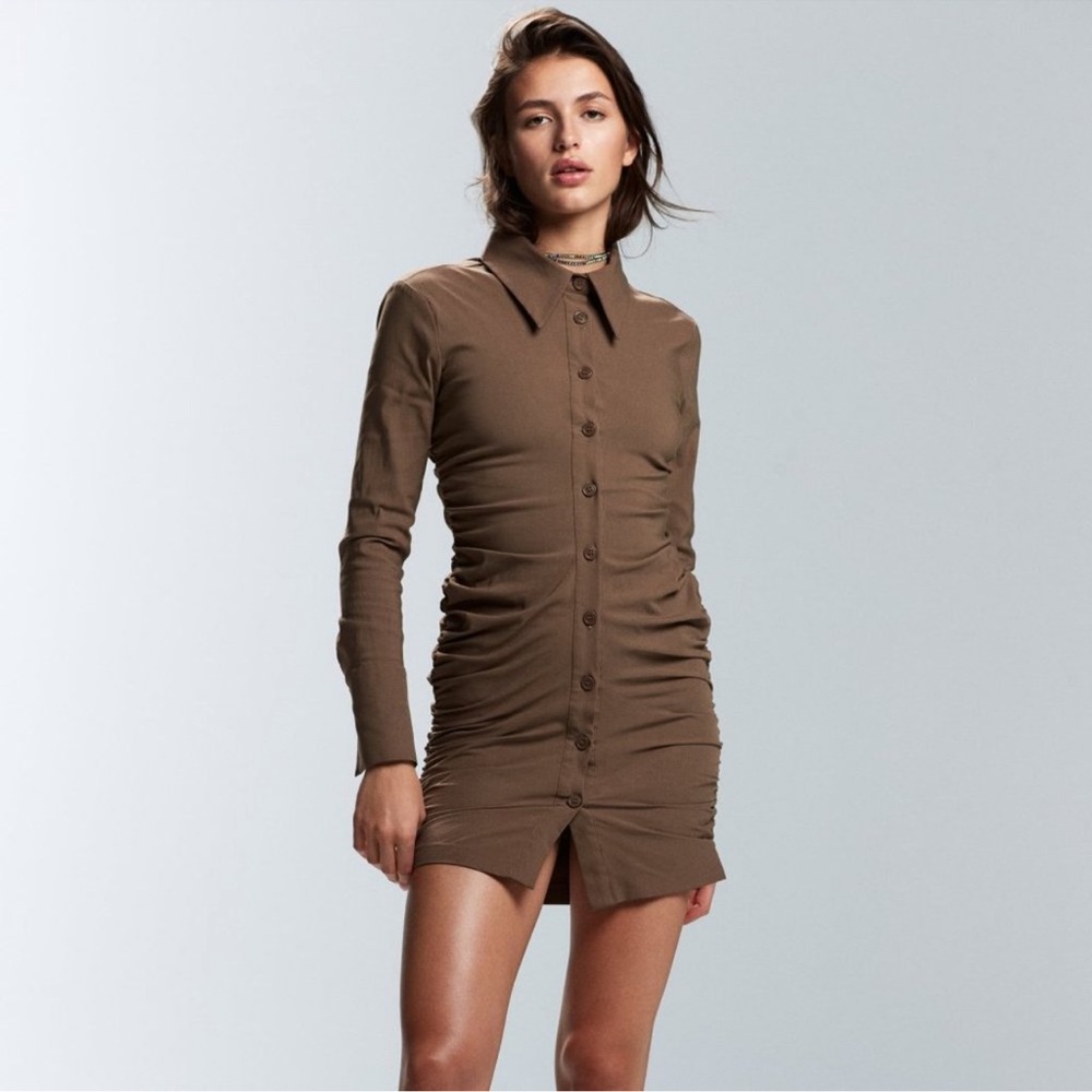 Zara Brown Ruched Mini Dress Long Sleeve Medium
